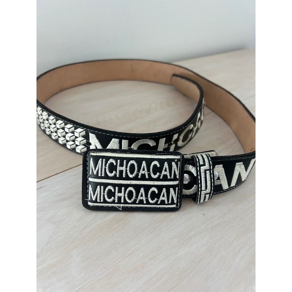Michoacan Embroidered Black Leather Belt Piteado Style Mens Size 40